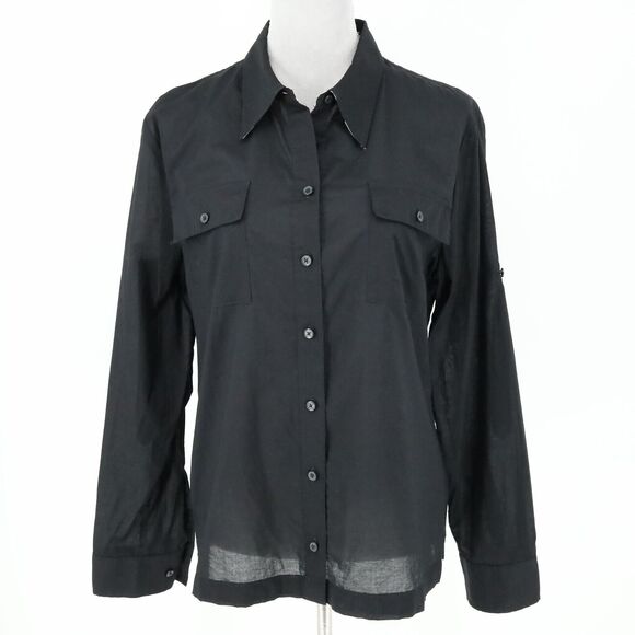 Jones NY Top Womens Large Black Cotton Shirt Semi Sheer Pockets Blouse Preppy - Picture 1 of 16